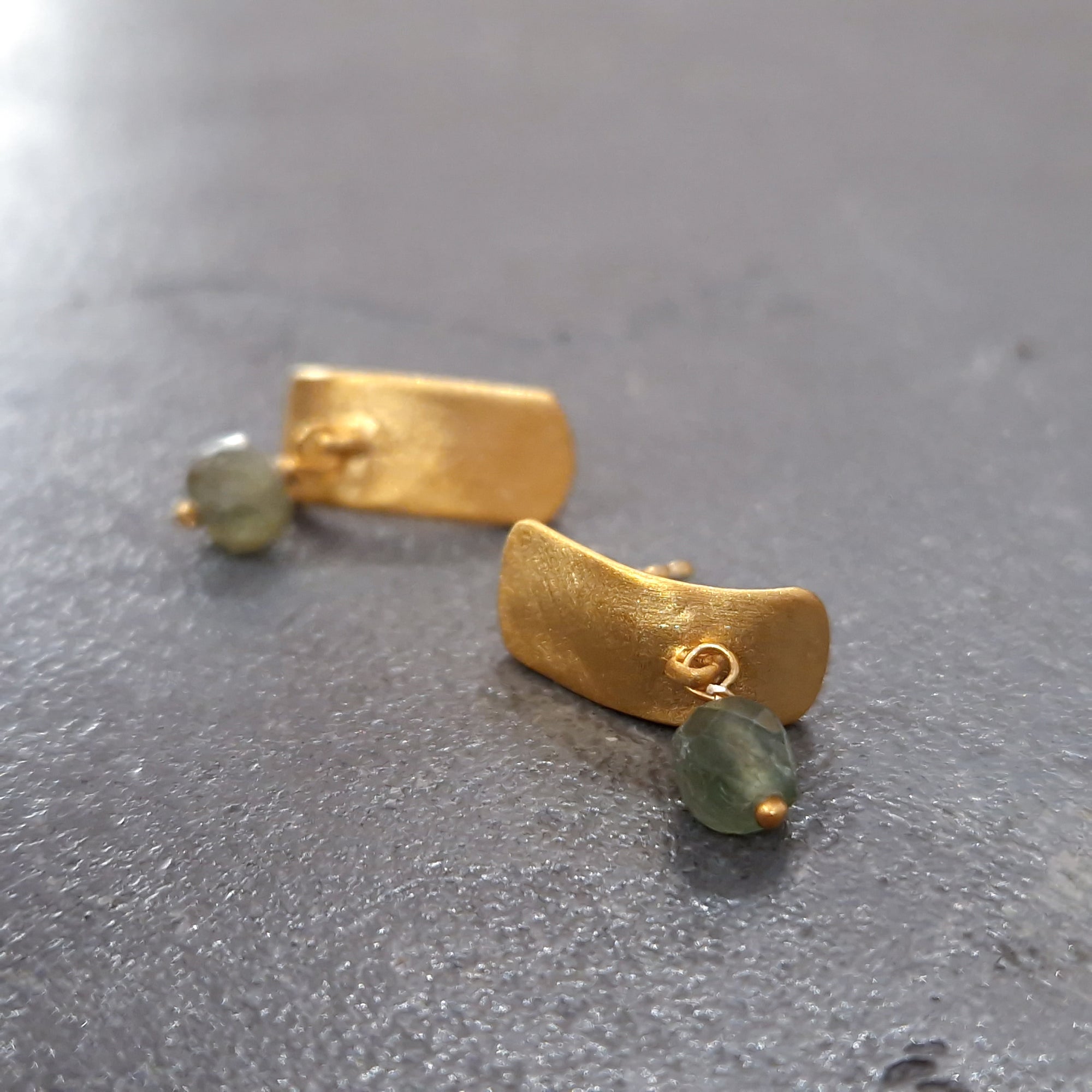 Gold apatite cube stud earrings.