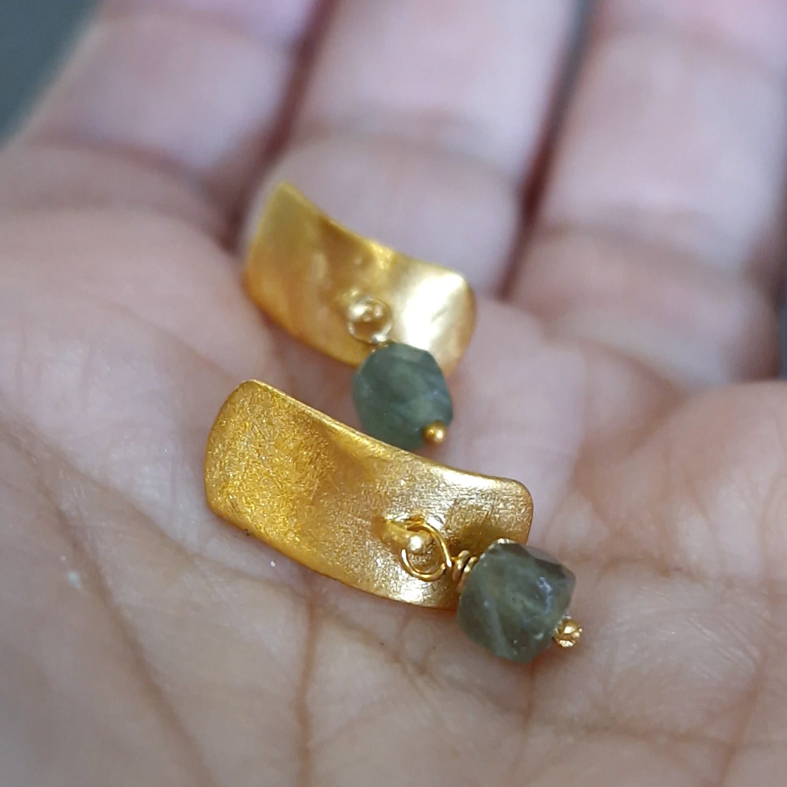 Gold apatite cube stud earrings.