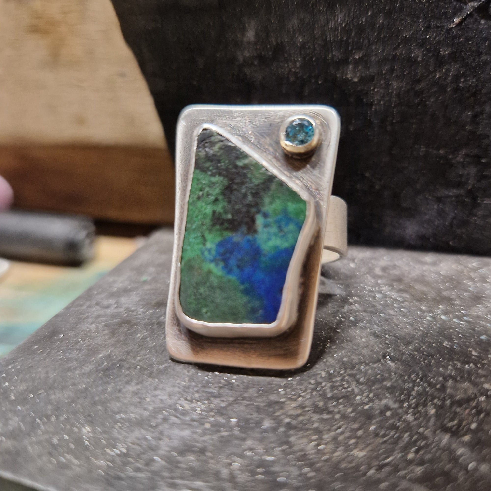 Handmade Malachite & Azurite Ring with Light Blue Zirconia – Sterling Silver Statement Jewelry
