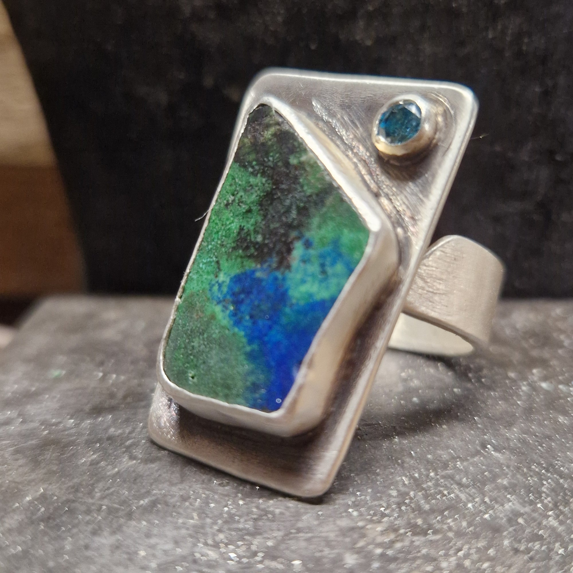 Handmade Malachite & Azurite Ring with Light Blue Zirconia – Sterling Silver Statement Jewelry