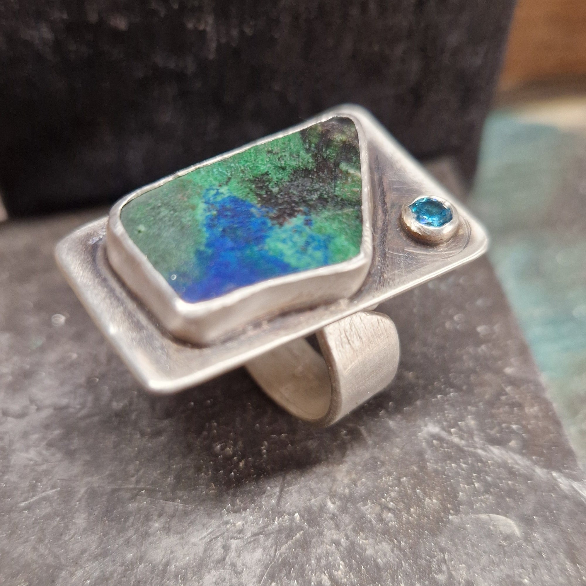 Handmade Malachite & Azurite Ring with Light Blue Zirconia – Sterling Silver Statement Jewelry