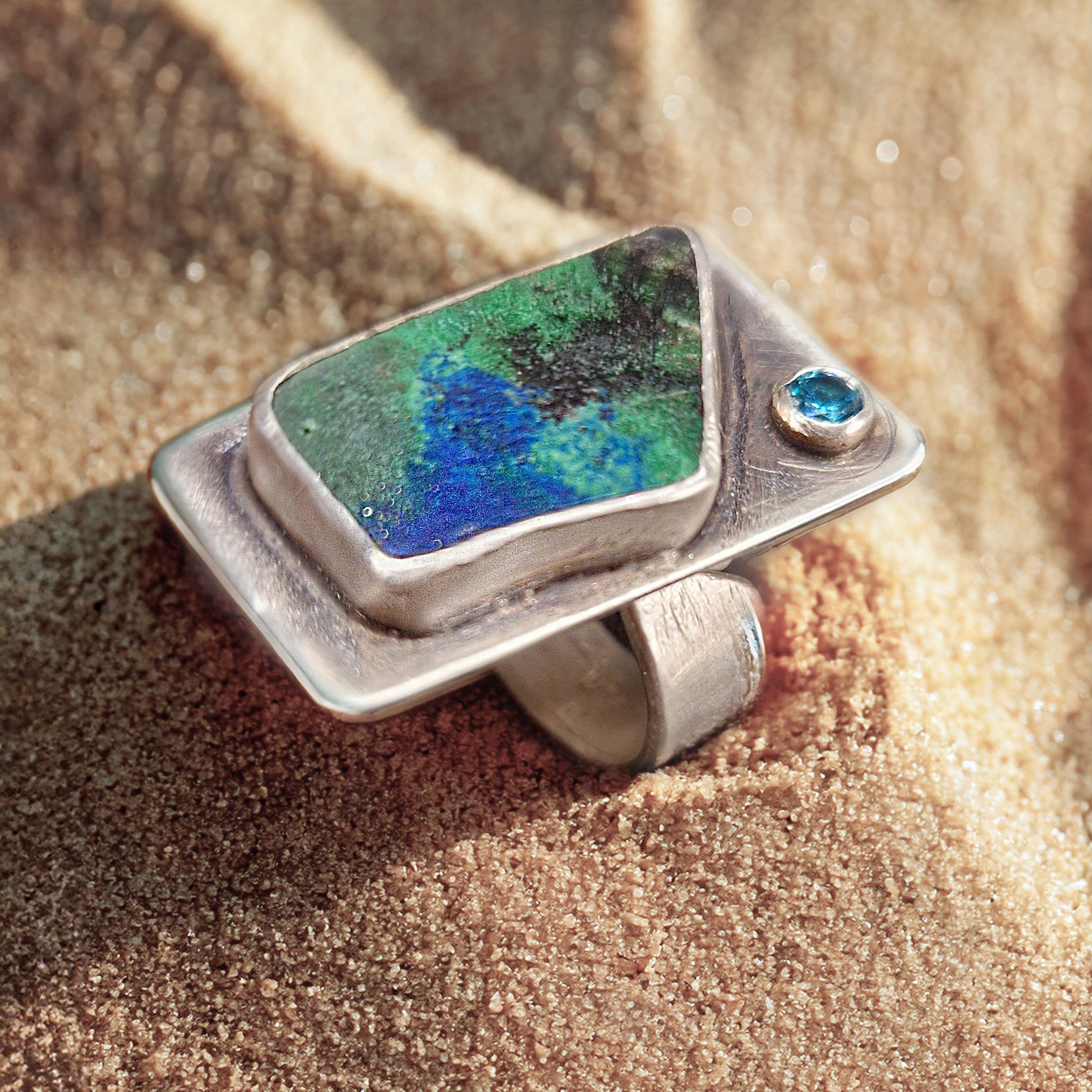 Handmade Malachite & Azurite Ring with Light Blue Zirconia – Sterling Silver Statement Jewelry