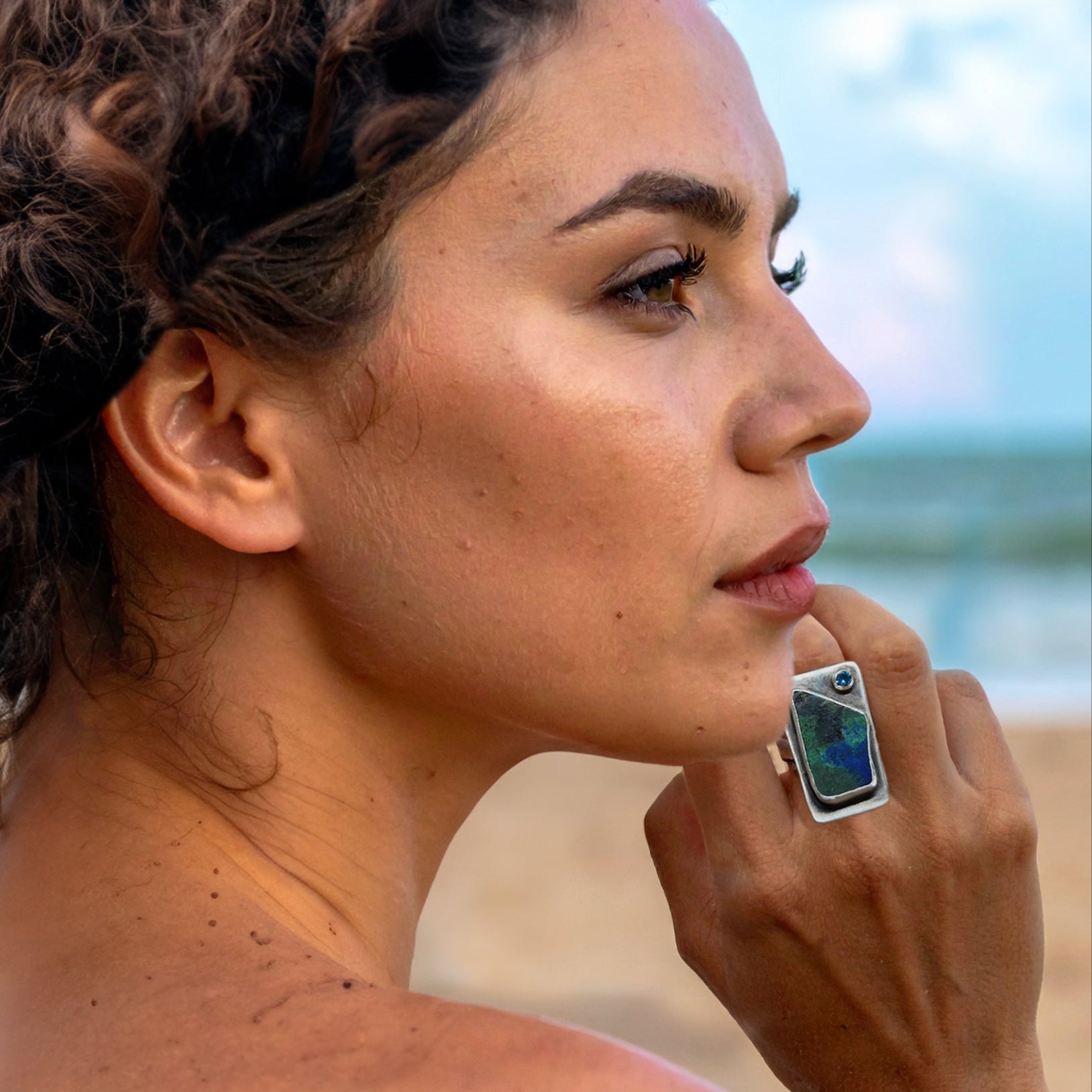 Handmade Malachite & Azurite Ring with Light Blue Zirconia – Sterling Silver Statement Jewelry