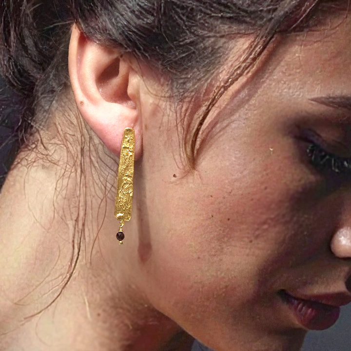 Gold plated sterling silver long stud earrings with Garnet