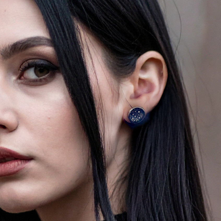 Full Moon silver stud earrings with matte finish, granulation and dark patina