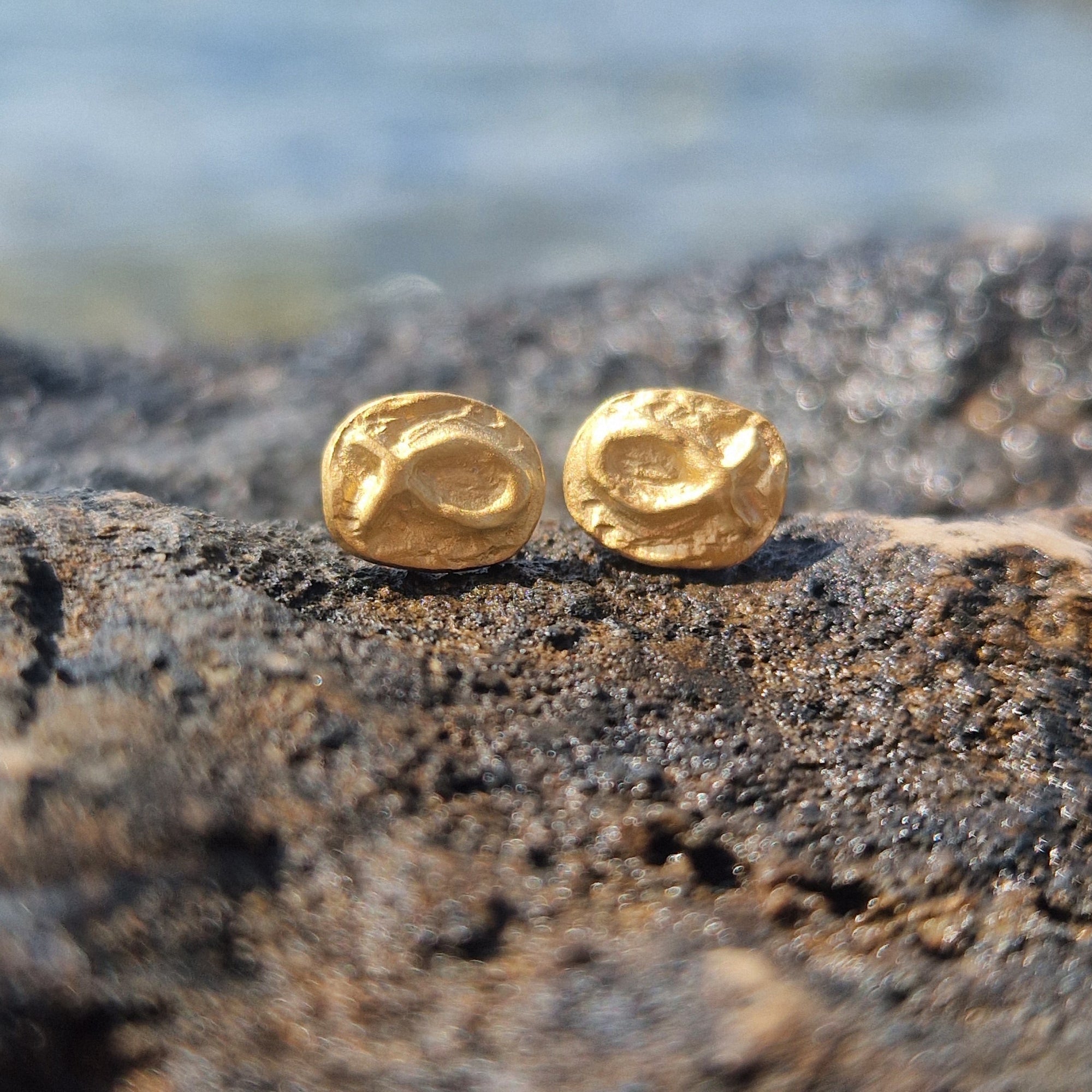 Small gold-plated sterling silver fish earrings, hand carved design.
