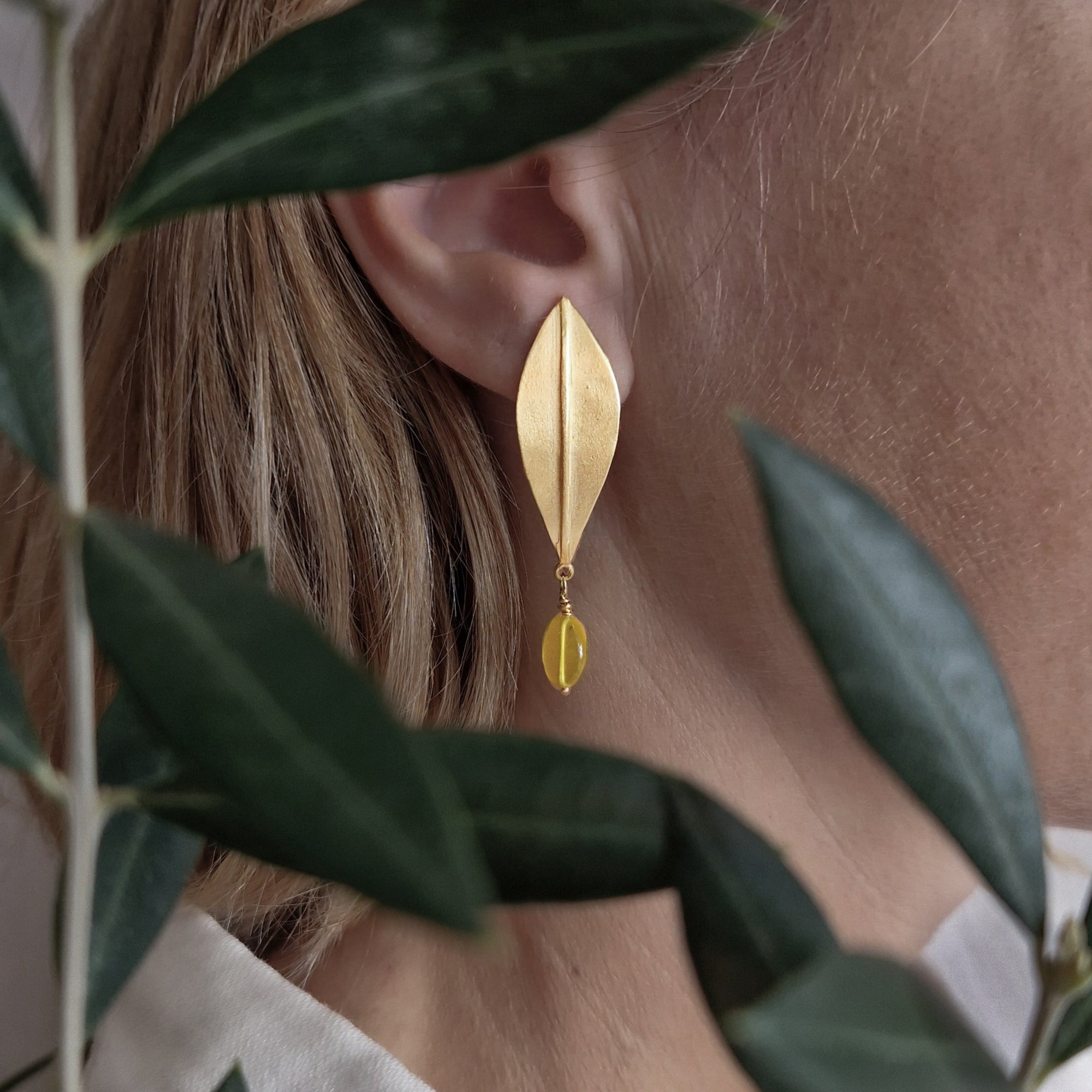 Gold-plated long earrings «Olive Leaves» with green jade