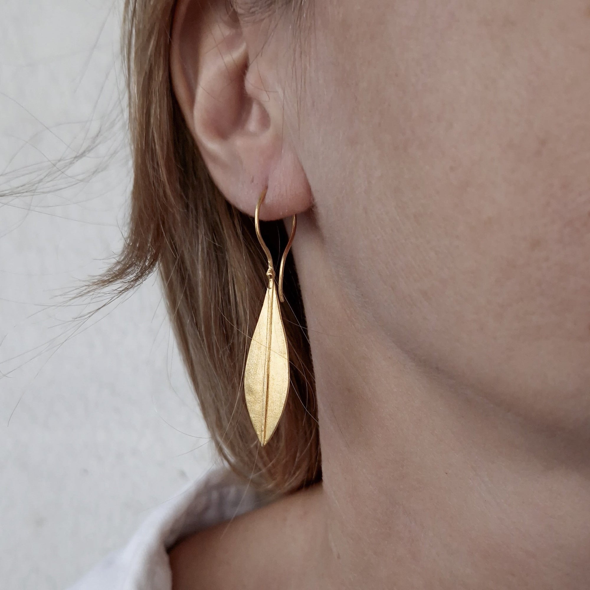 Long gold plated earrings «Olive Leaves»