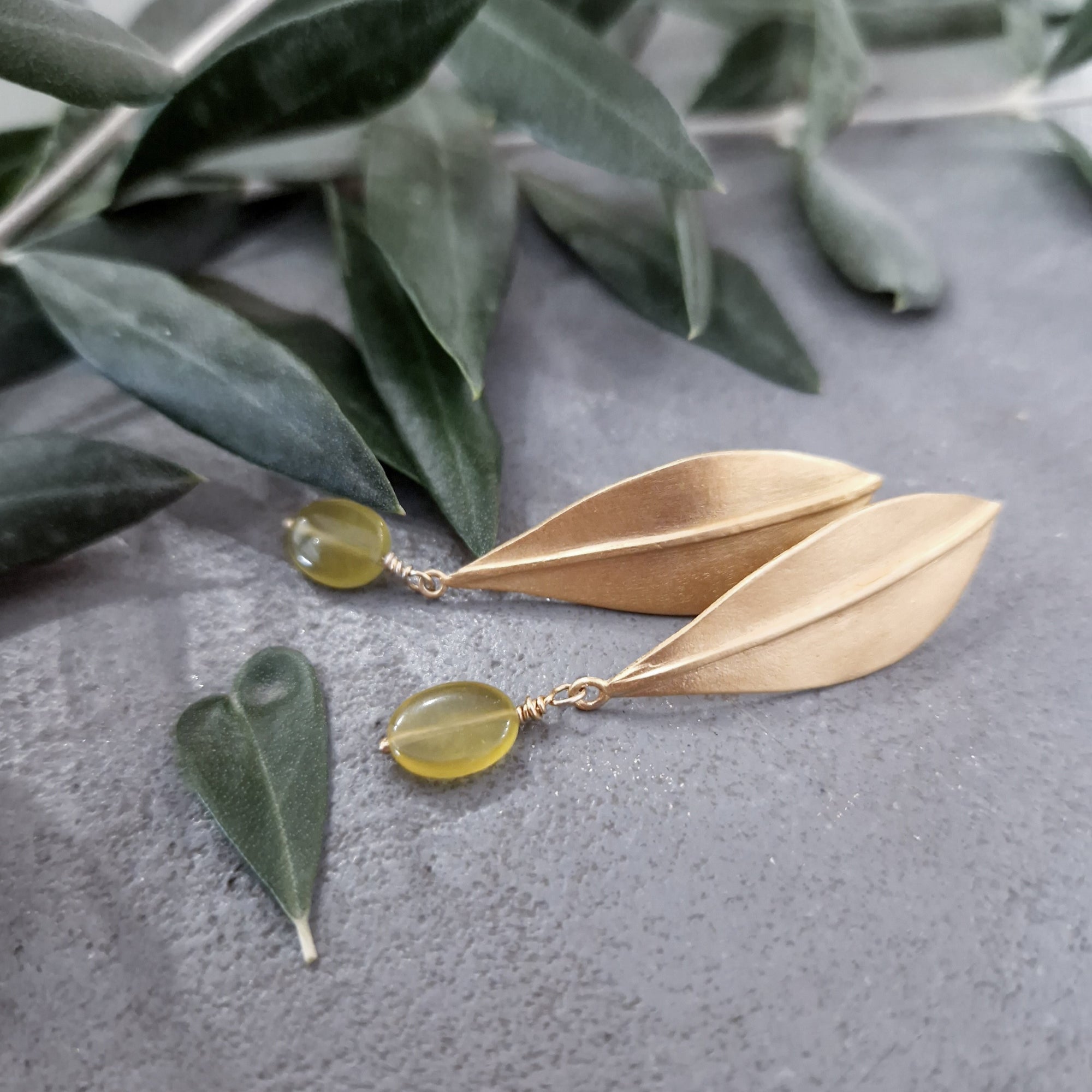 Gold-plated long earrings «Olive Leaves» with green jade