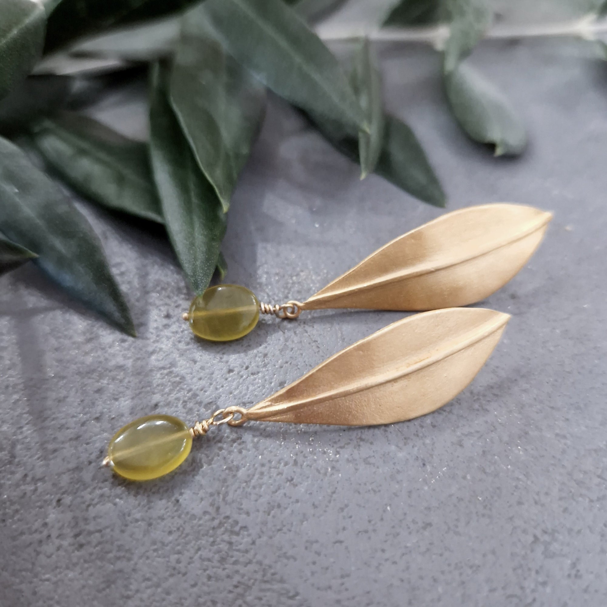 Gold-plated long earrings «Olive Leaves» with green jade