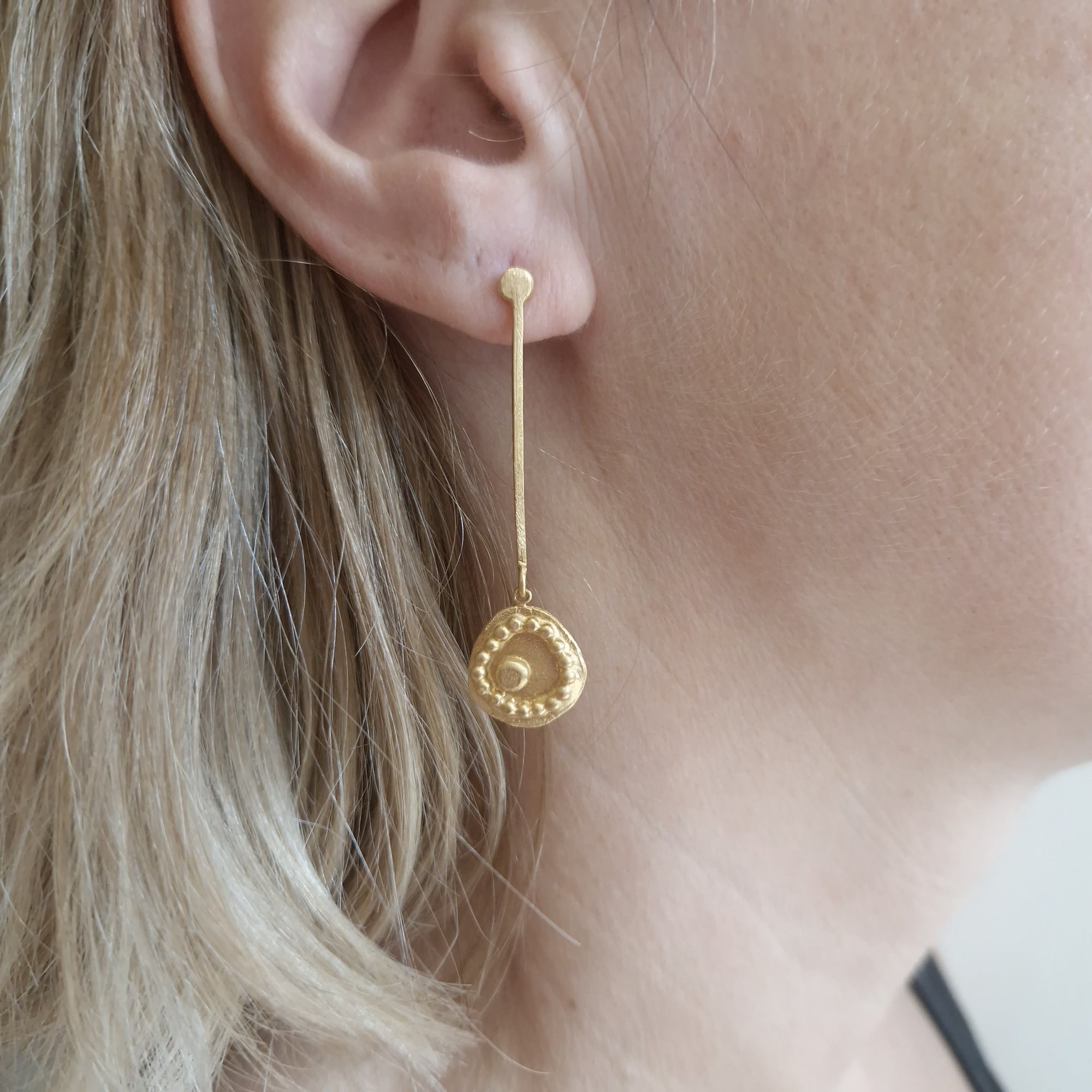 Long, gold-plated, stud earrings, «Dots»