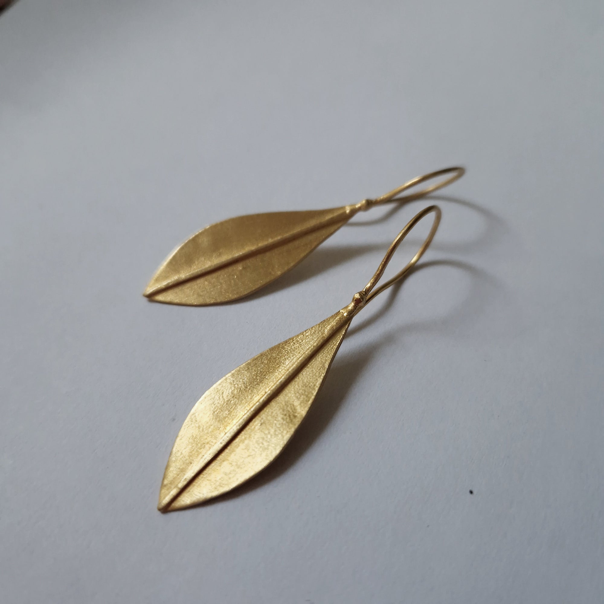 Long gold plated earrings «Olive Leaves»