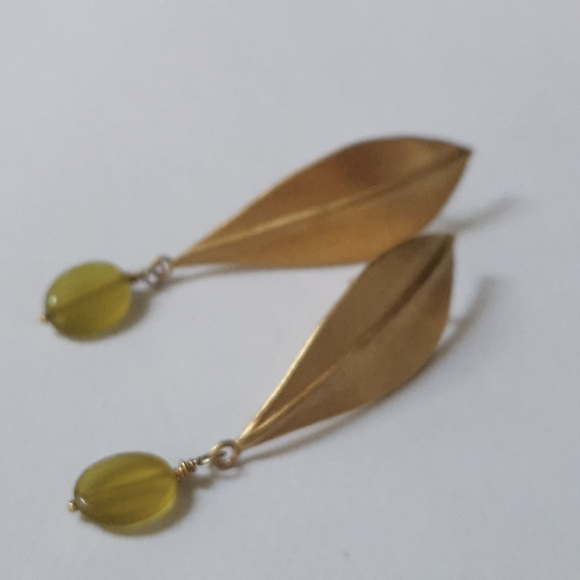 Gold-plated long earrings «Olive Leaves» with green jade