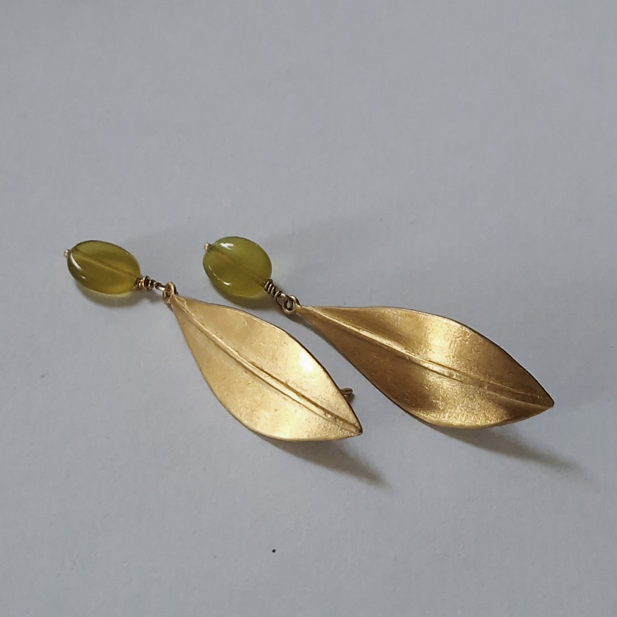 Gold-plated long earrings «Olive Leaves» with green jade