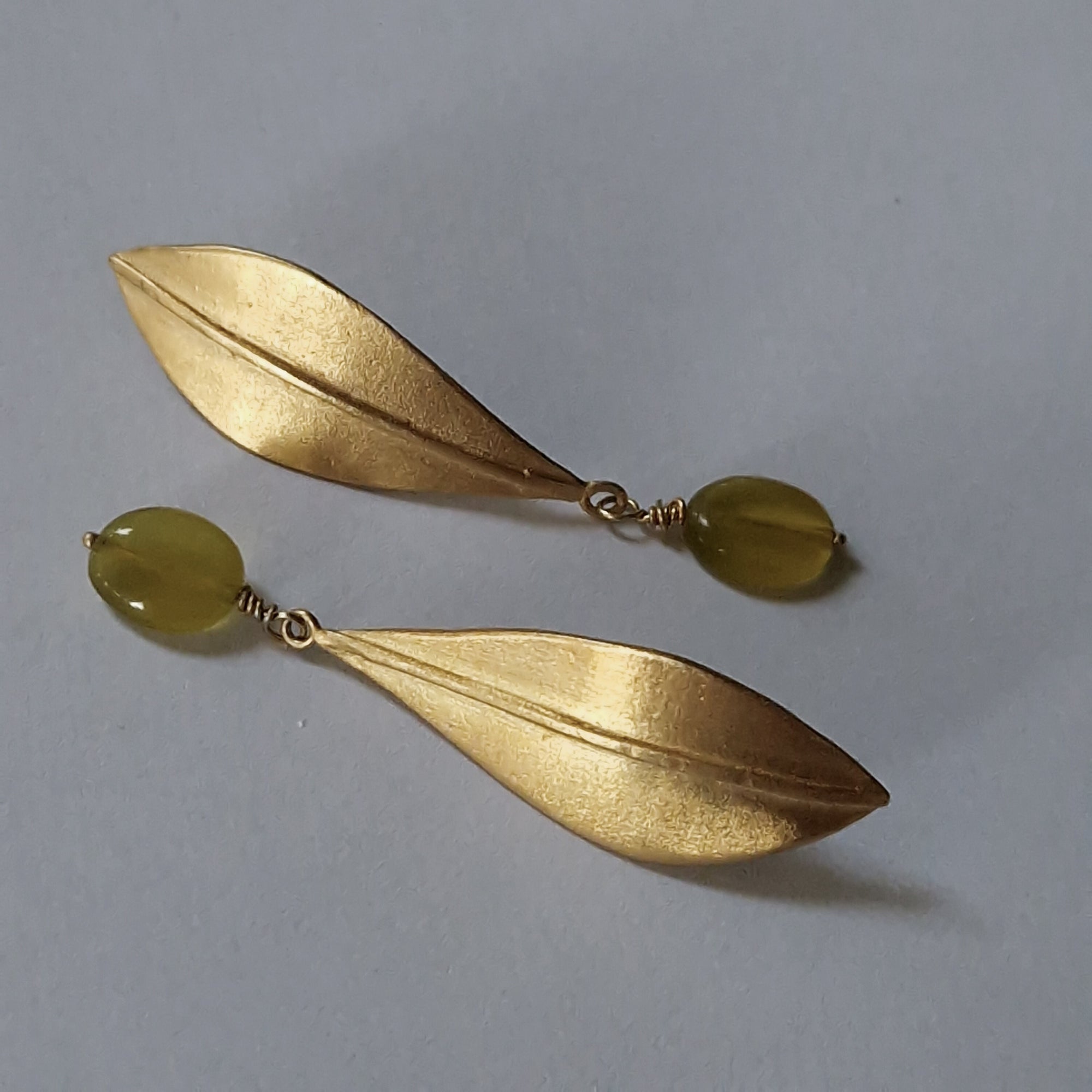 Gold-plated long earrings «Olive Leaves» with green jade