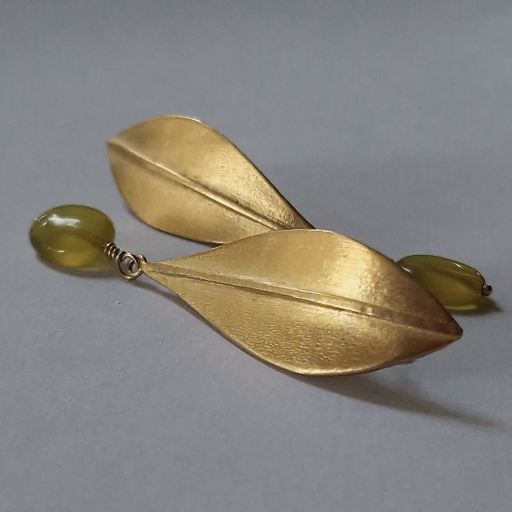 Gold-plated long earrings «Olive Leaves» with green jade