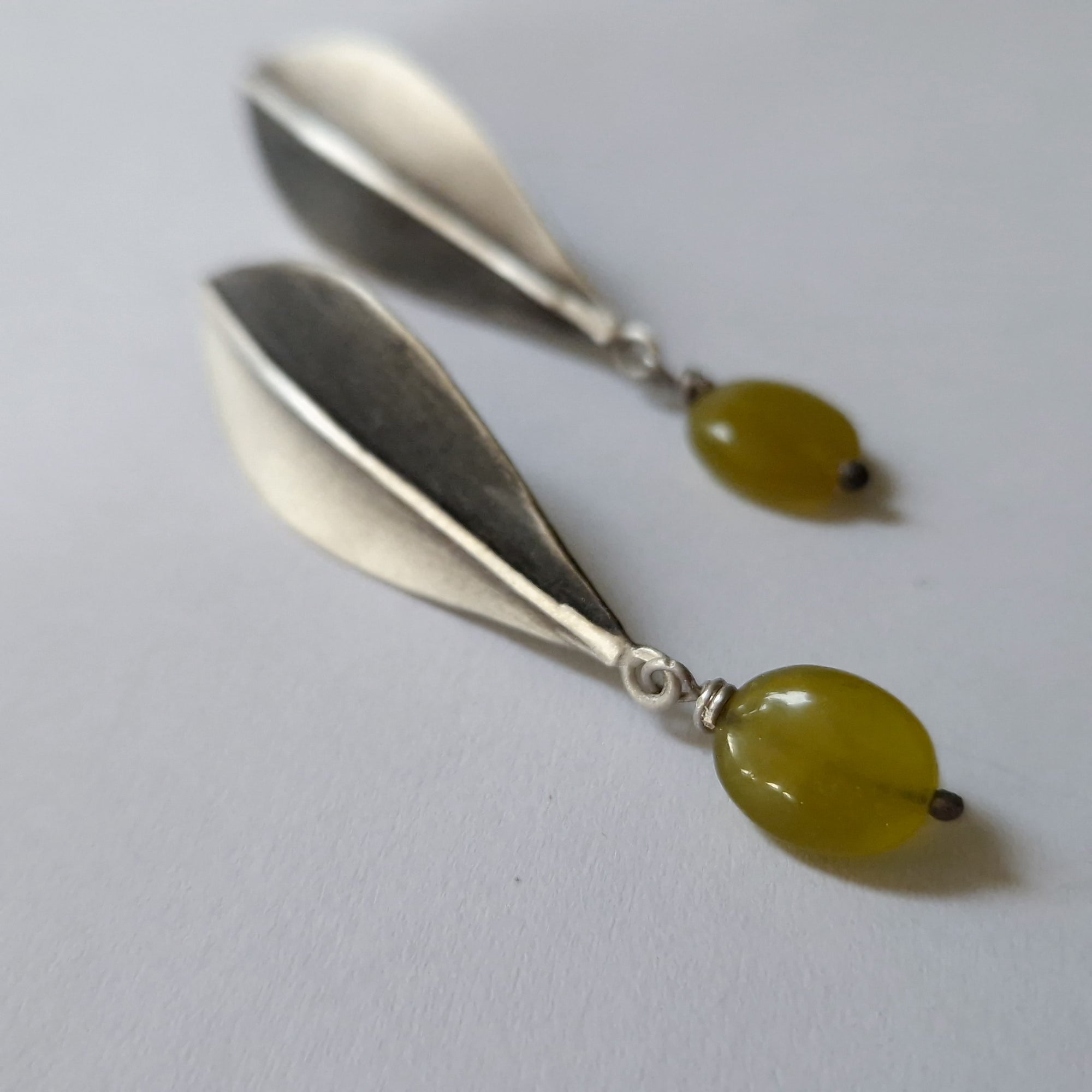 Long silver earrings "Olive Leaves" with green jade