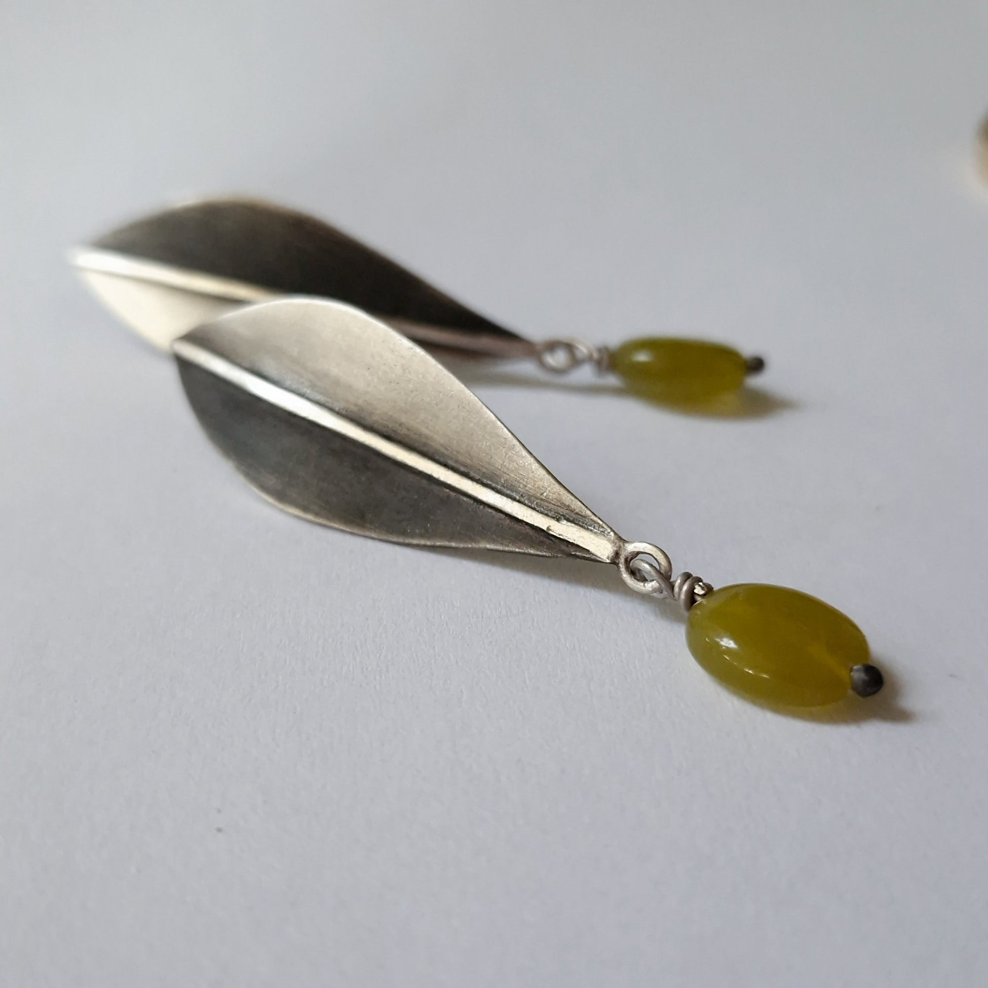 Long silver earrings "Olive Leaves" with green jade