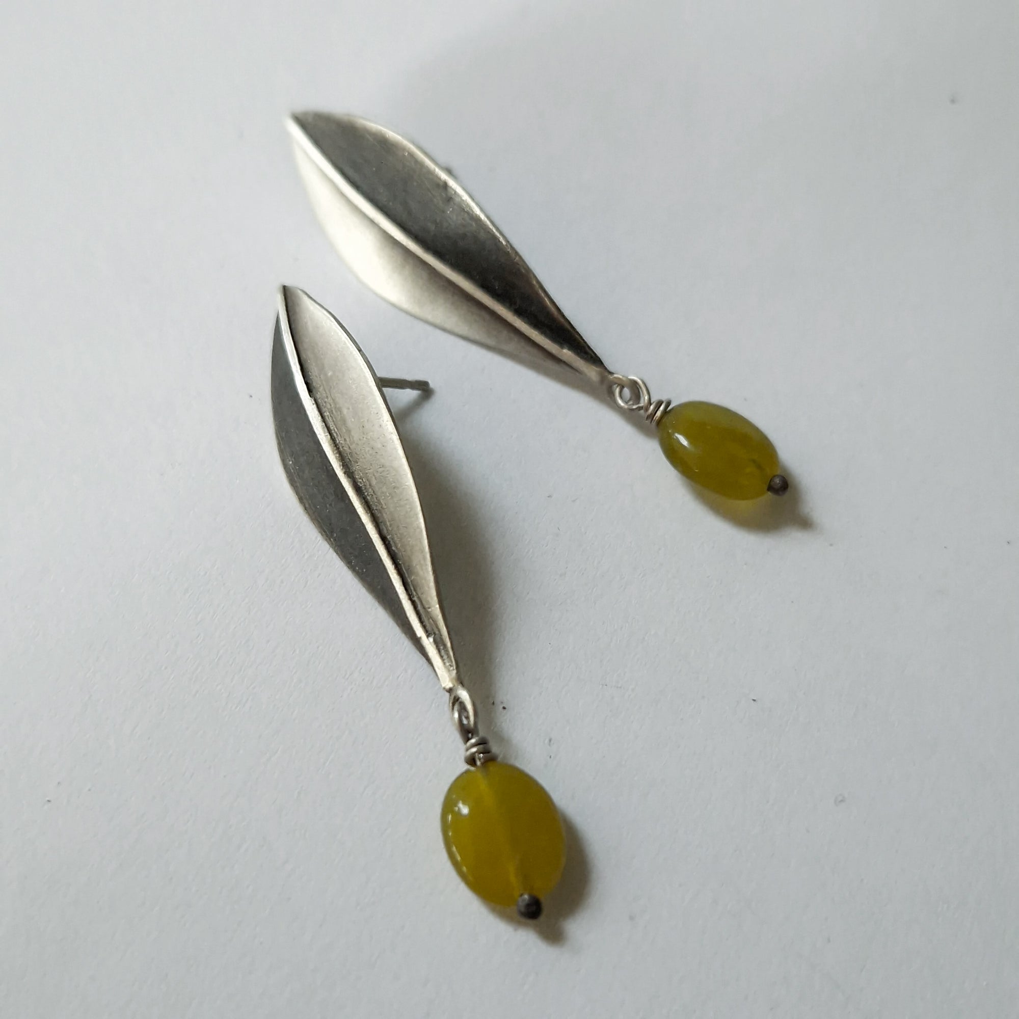 Long silver earrings "Olive Leaves" with green jade