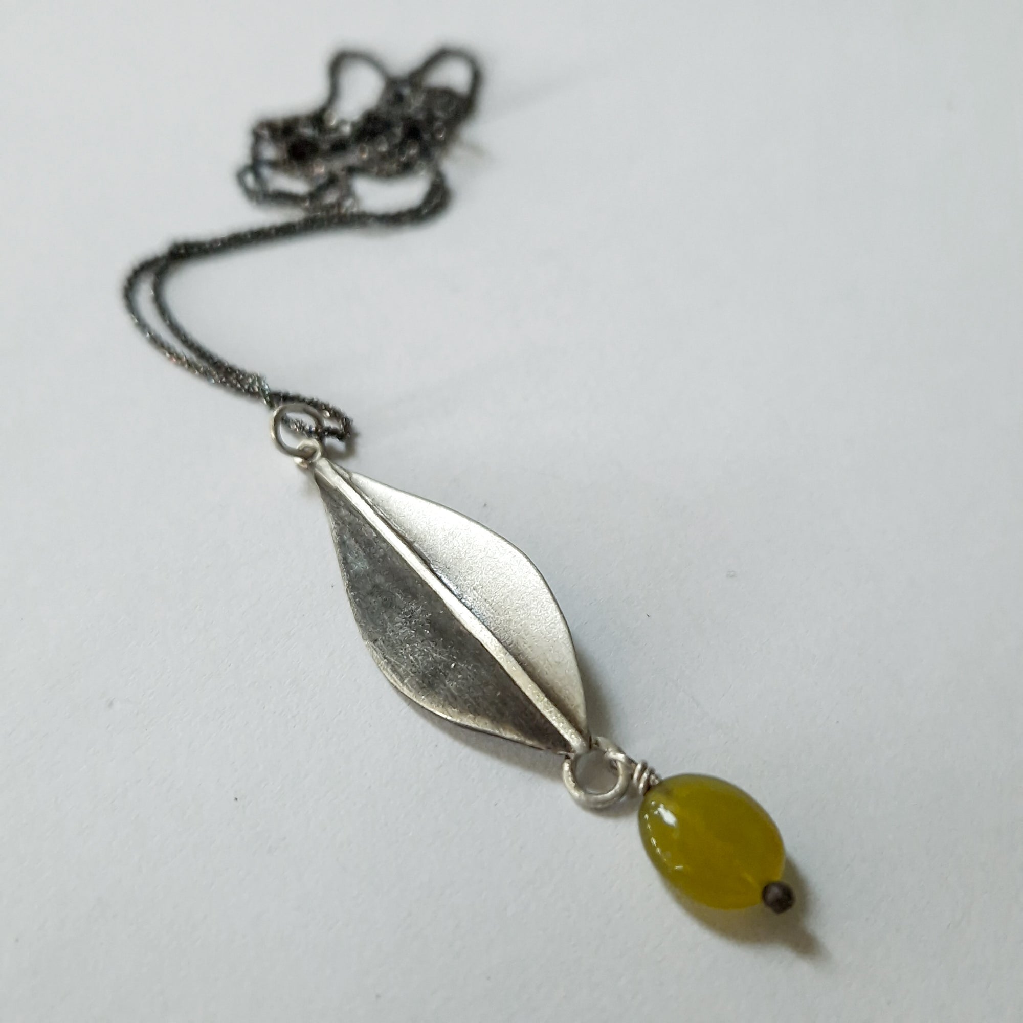 Silver necklace «Olive Leaves» with dangling green Jade