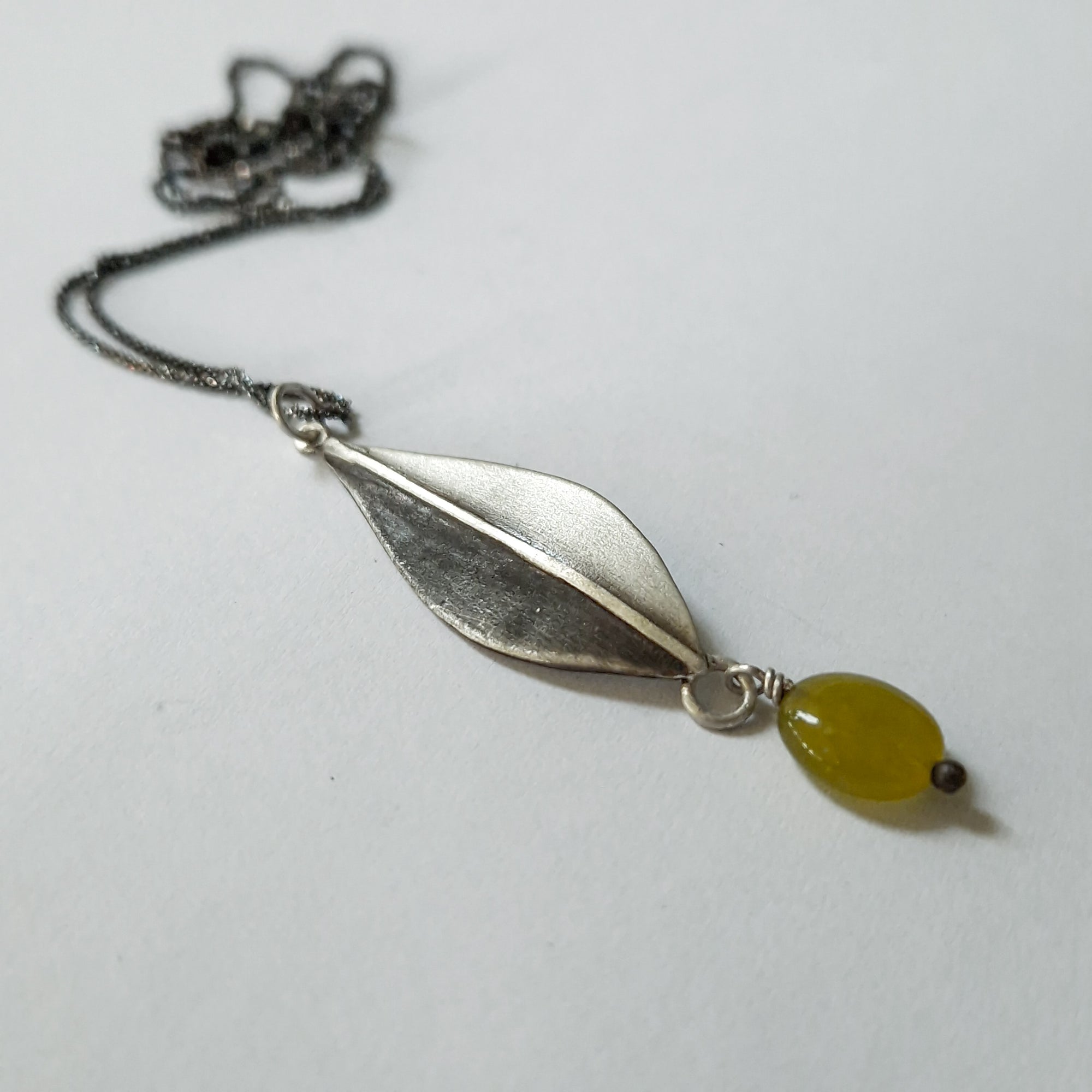 Silver necklace «Olive Leaves» with dangling green Jade