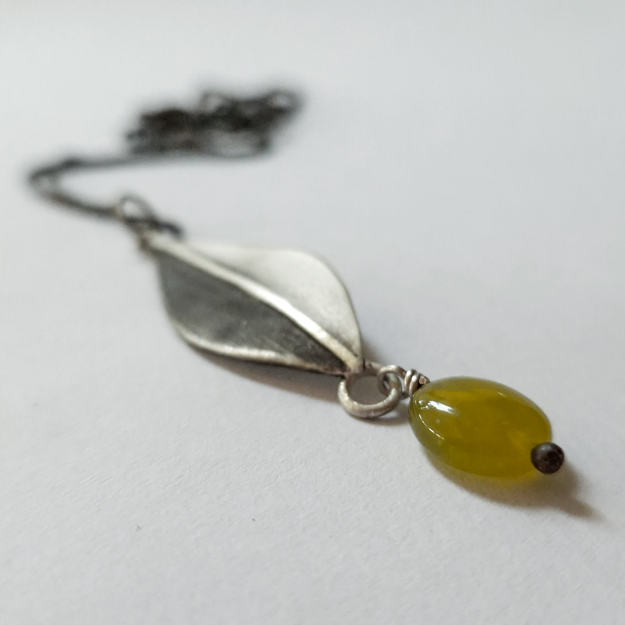 Silver necklace «Olive Leaves» with dangling green Jade