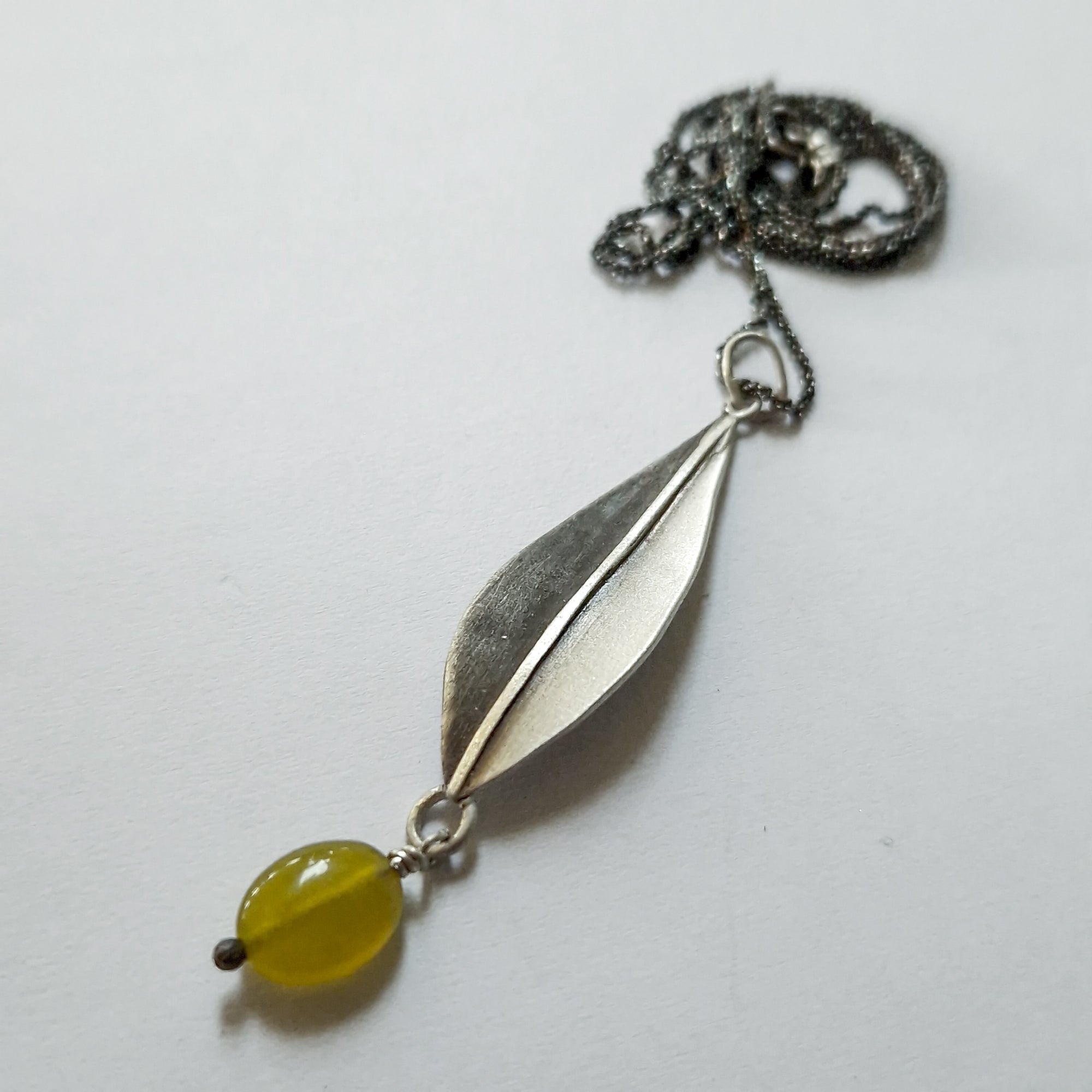 Silver necklace «Olive Leaves» with dangling green Jade