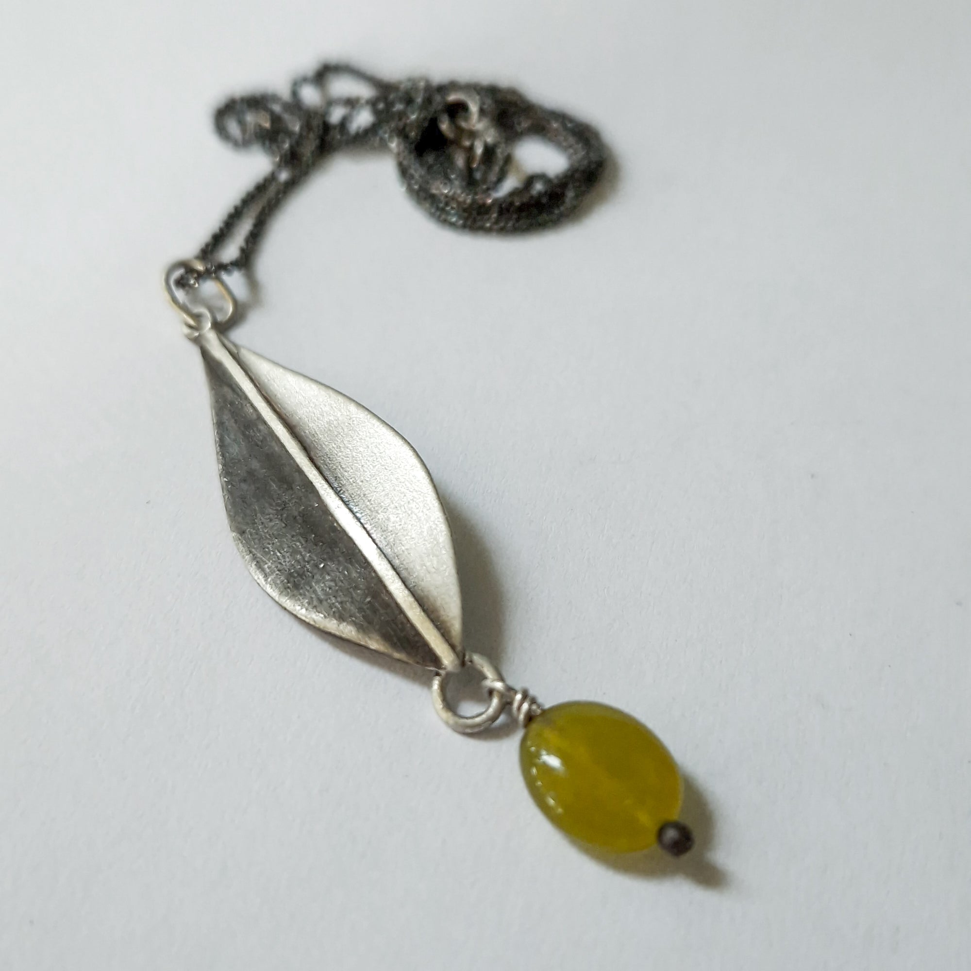 Silver necklace «Olive Leaves» with dangling green Jade