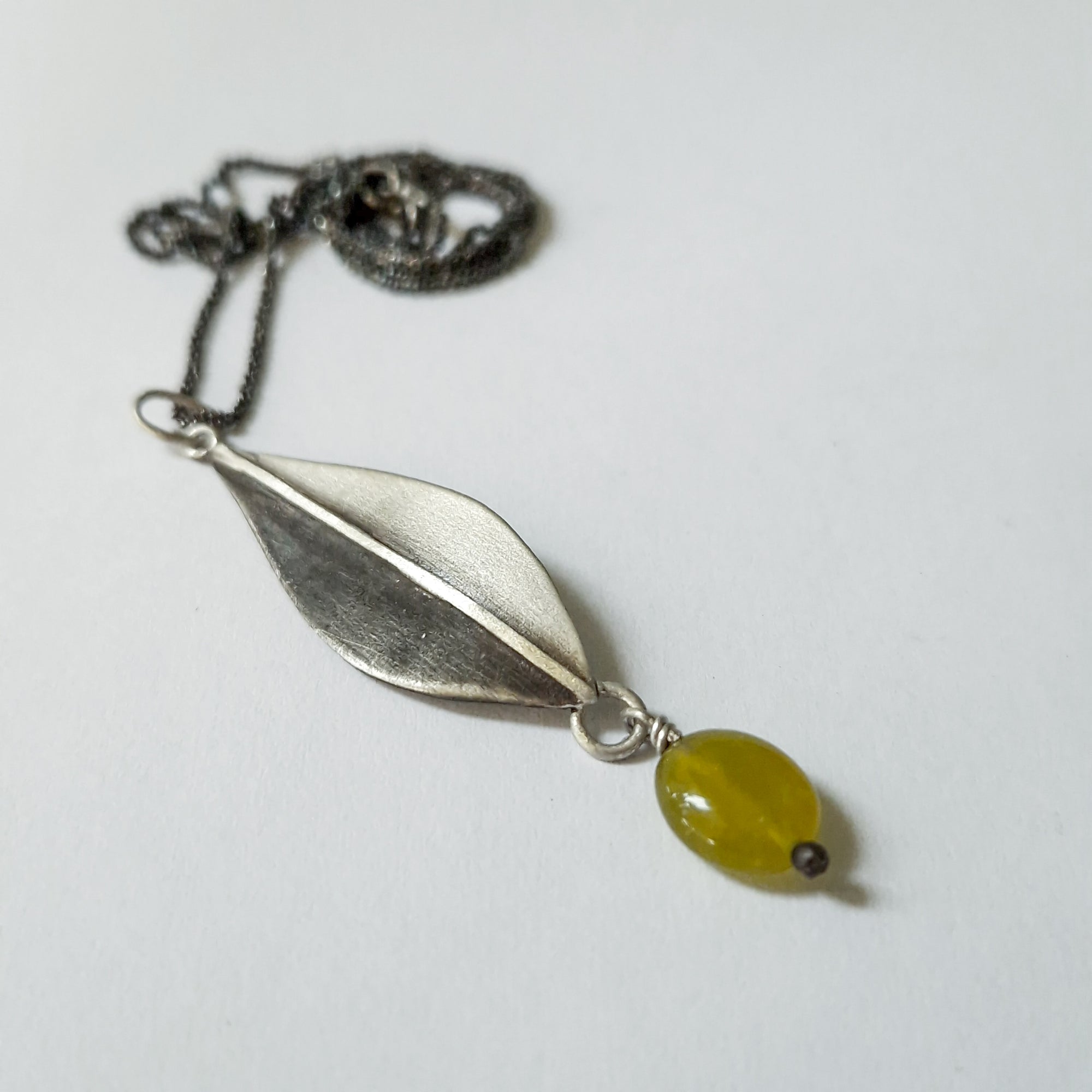 Silver necklace «Olive Leaves» with dangling green Jade