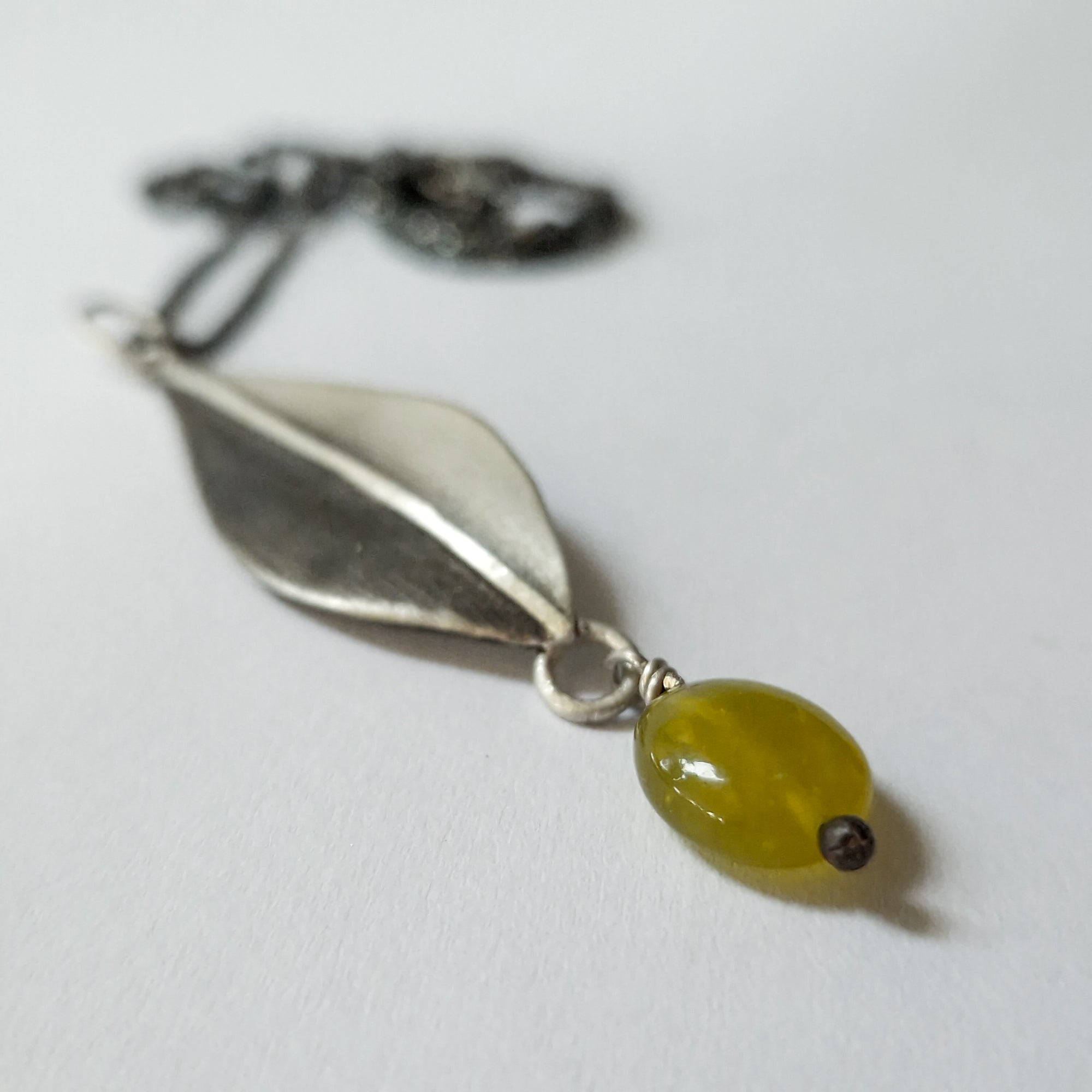 Silver necklace «Olive Leaves» with dangling green Jade