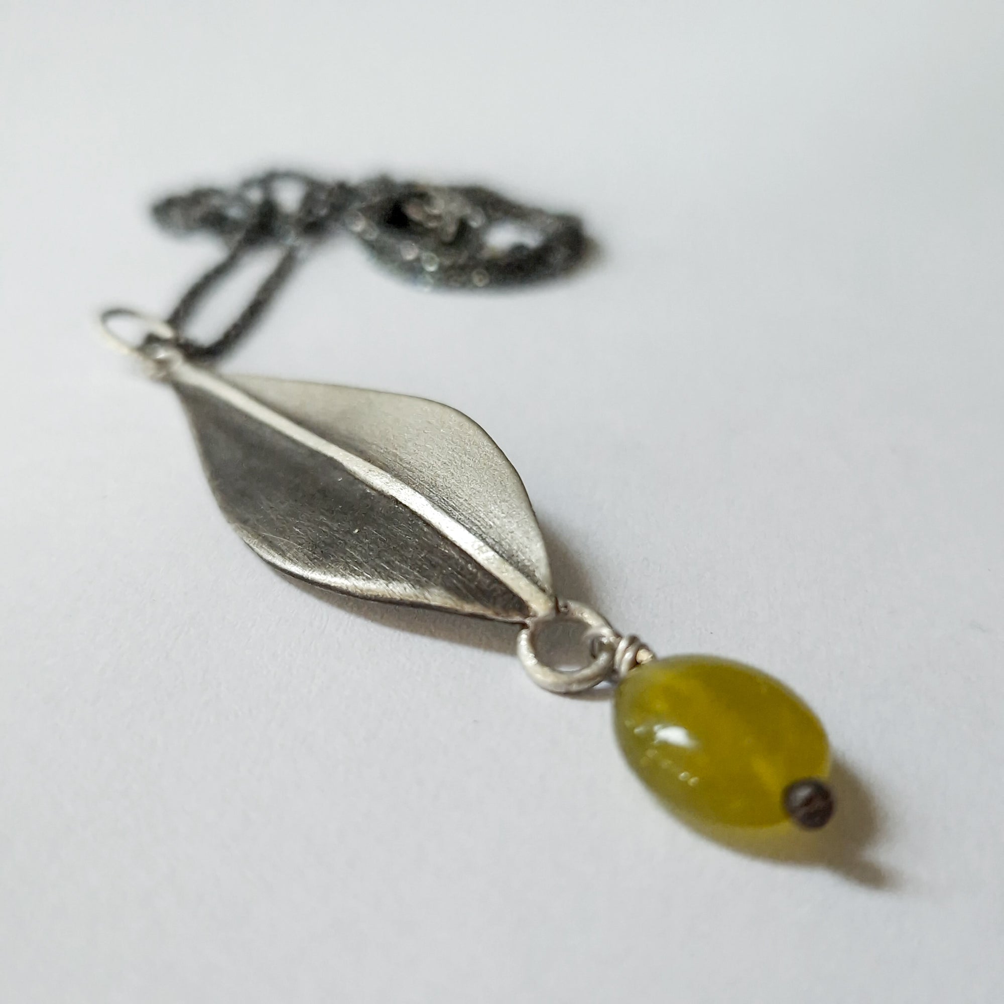 Silver necklace «Olive Leaves» with dangling green Jade