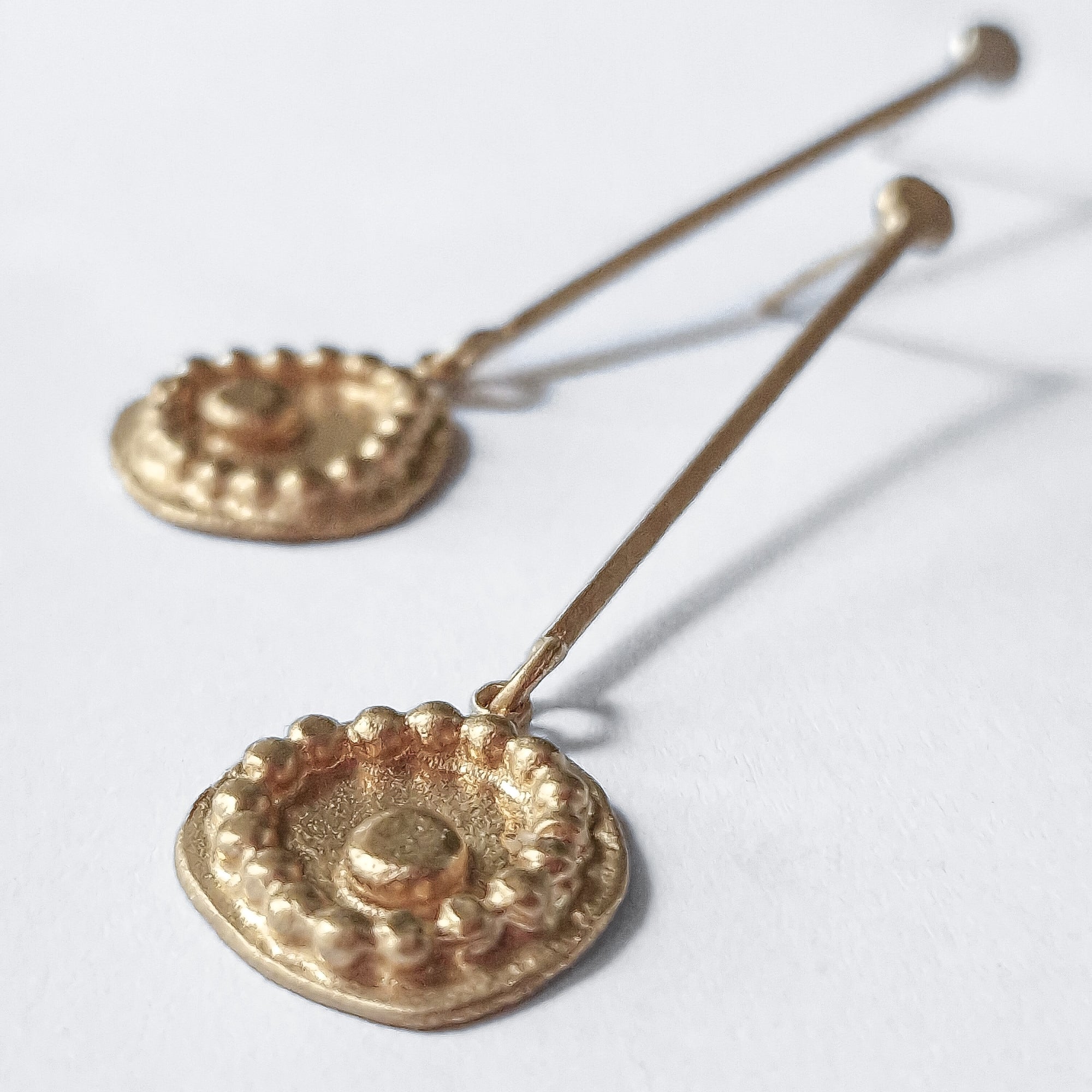 Long, gold-plated, stud earrings, «Dots»