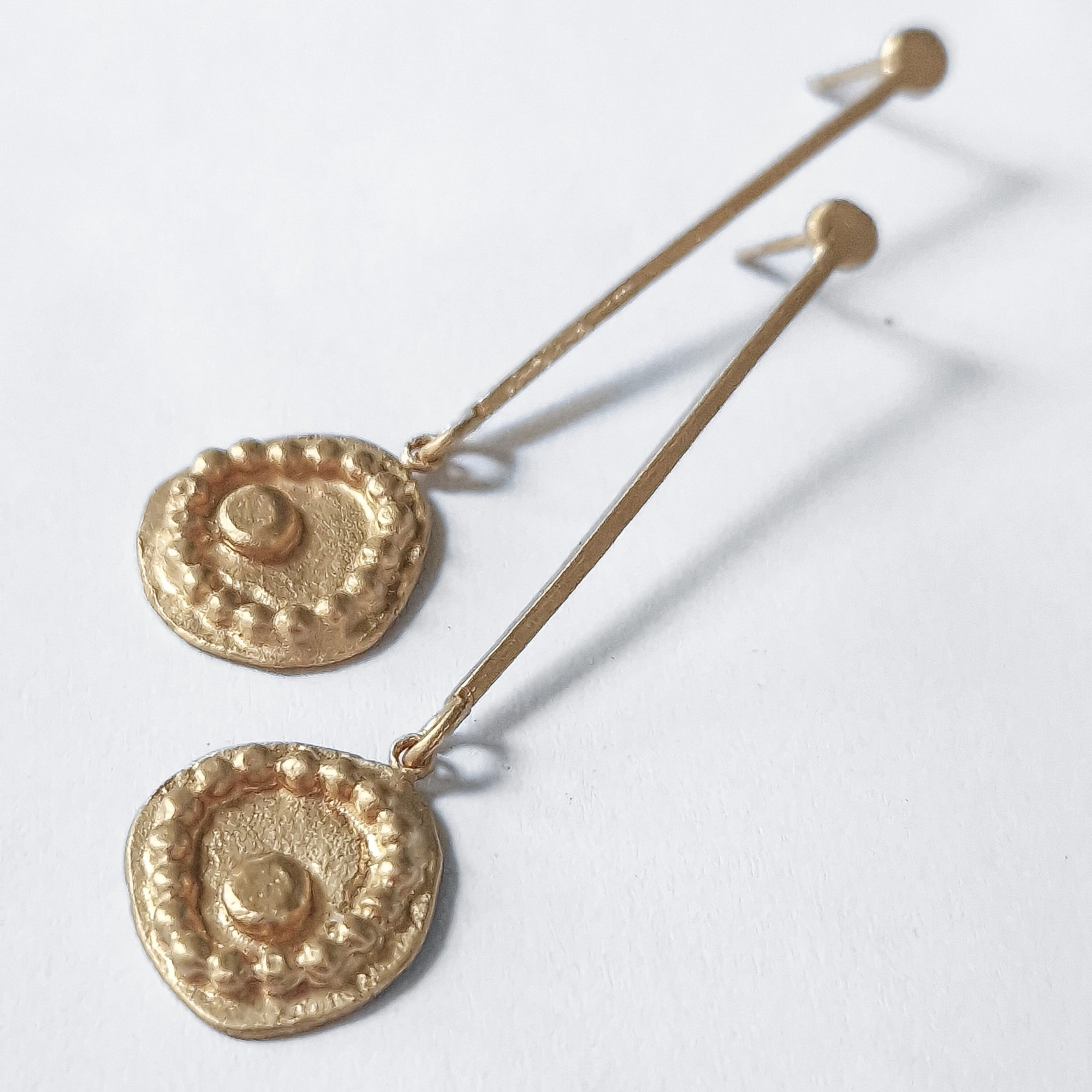 Long, gold-plated, stud earrings, «Dots»