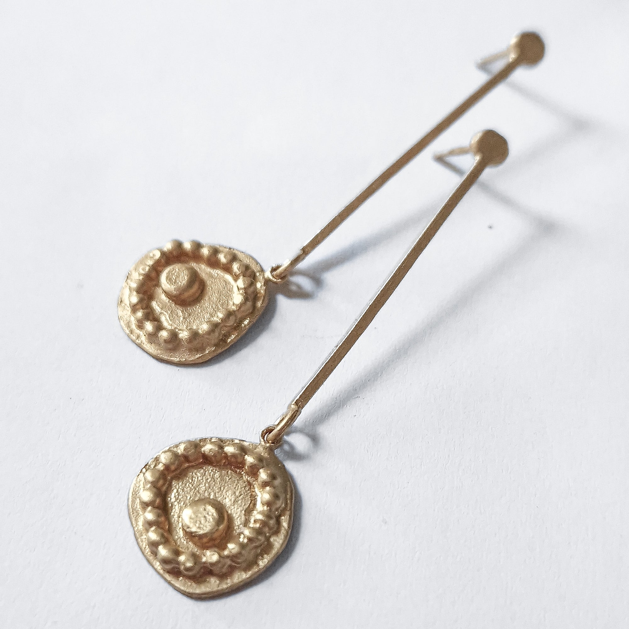 Long, gold-plated, stud earrings, «Dots»