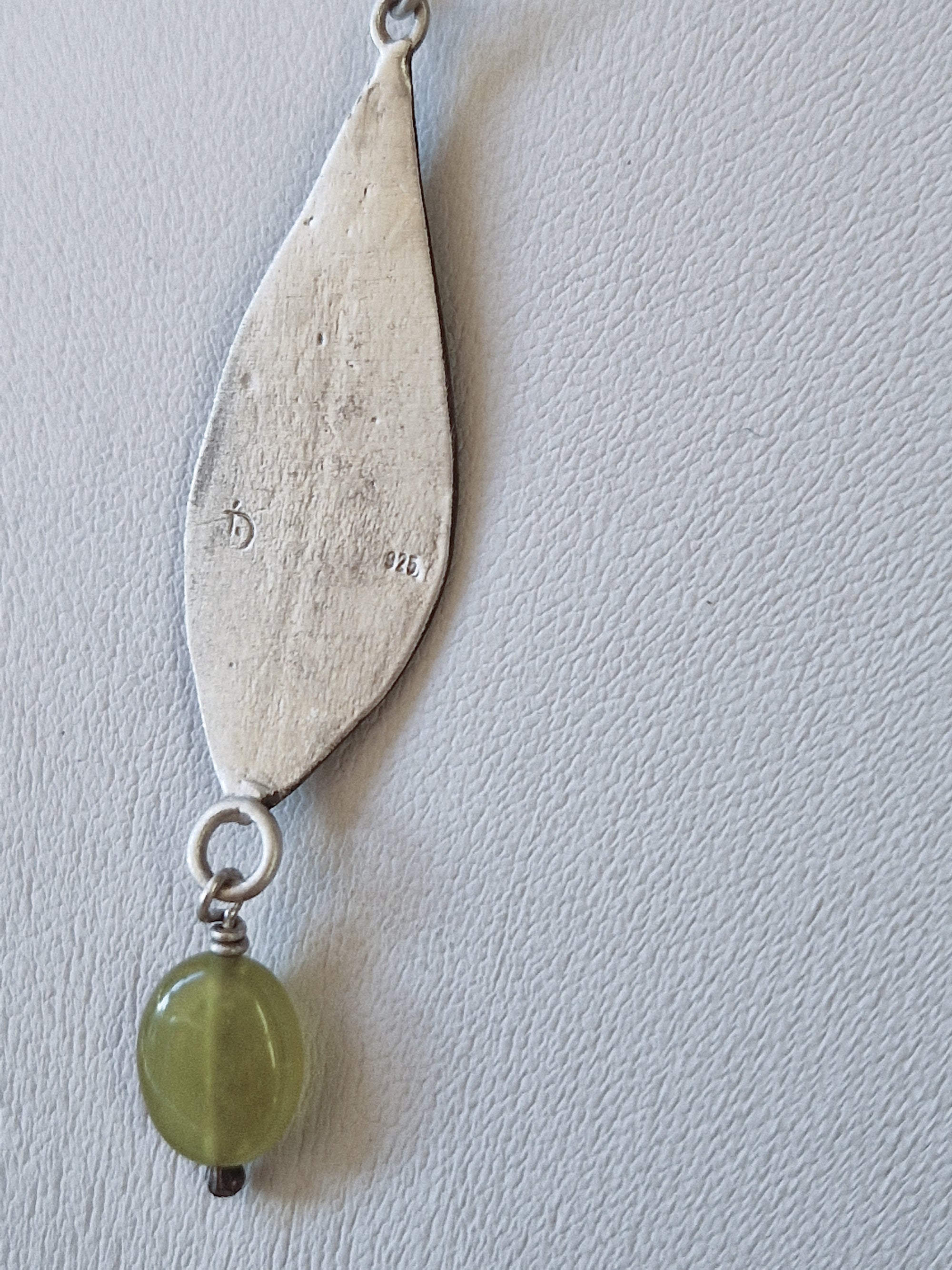 Silver necklace «Olive Leaves» with dangling green Jade