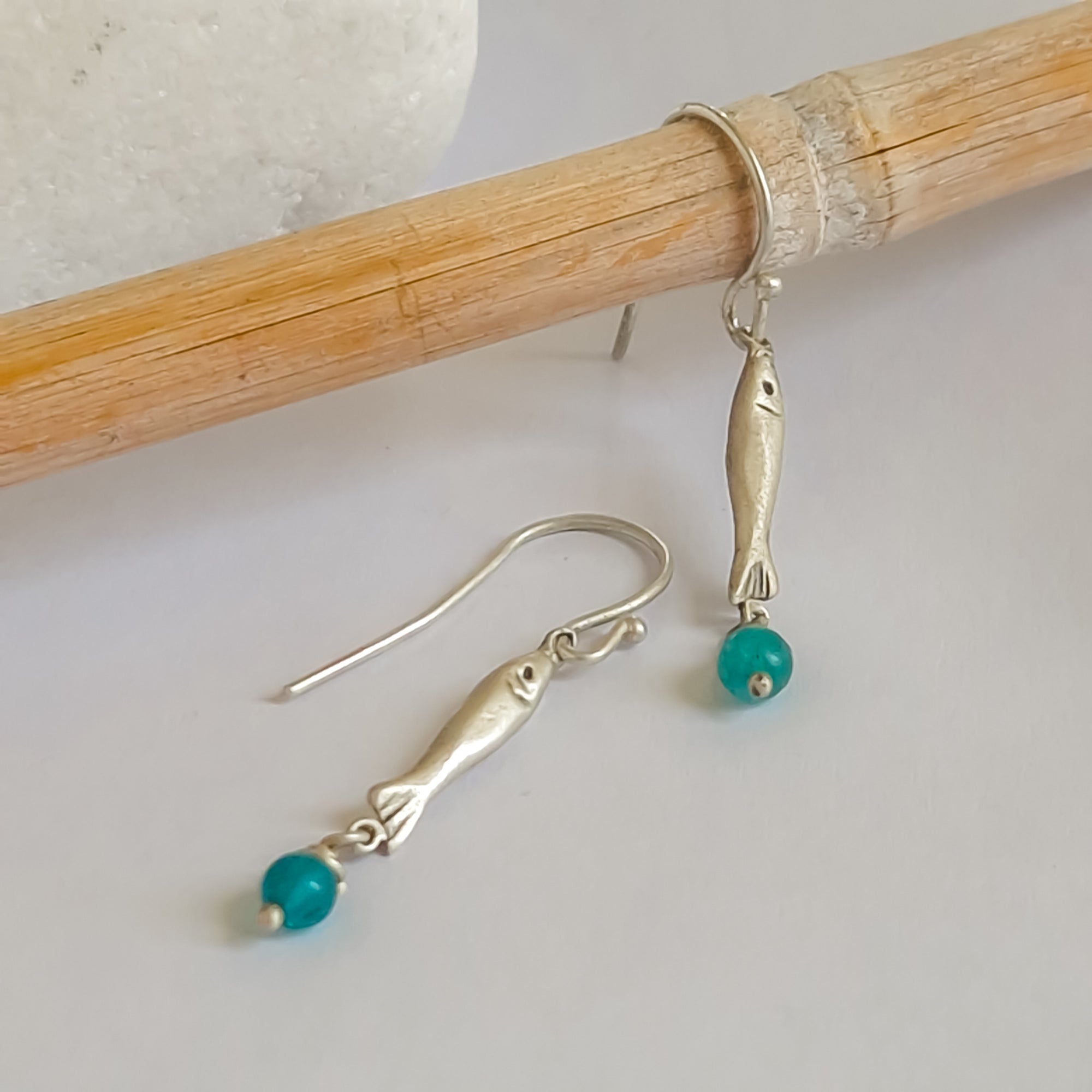 Silver «fish» earrings with dangle bead