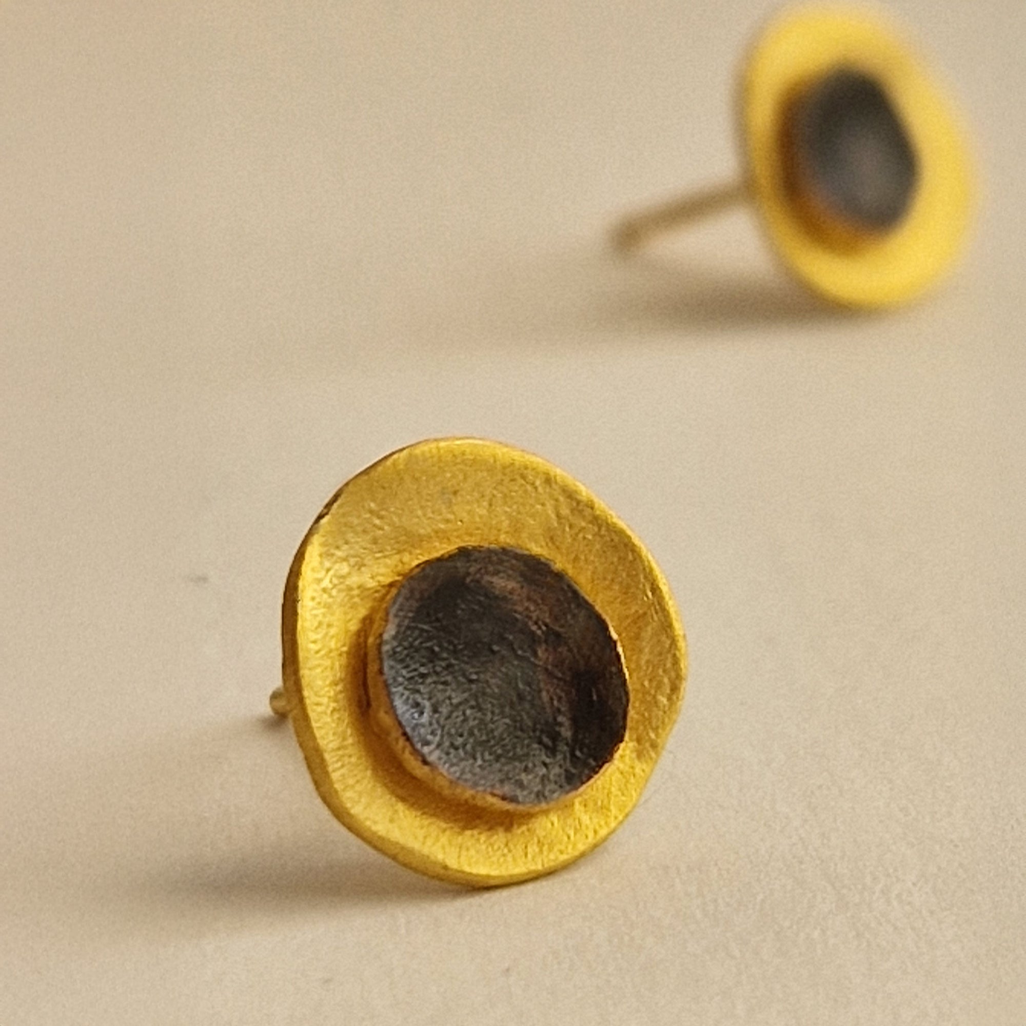 Small gold-plated silver earrings «Eclipse»  with matte finish and dark patina