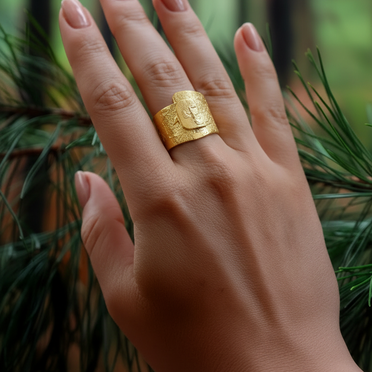 Hand wearing a gold ring with a forest background