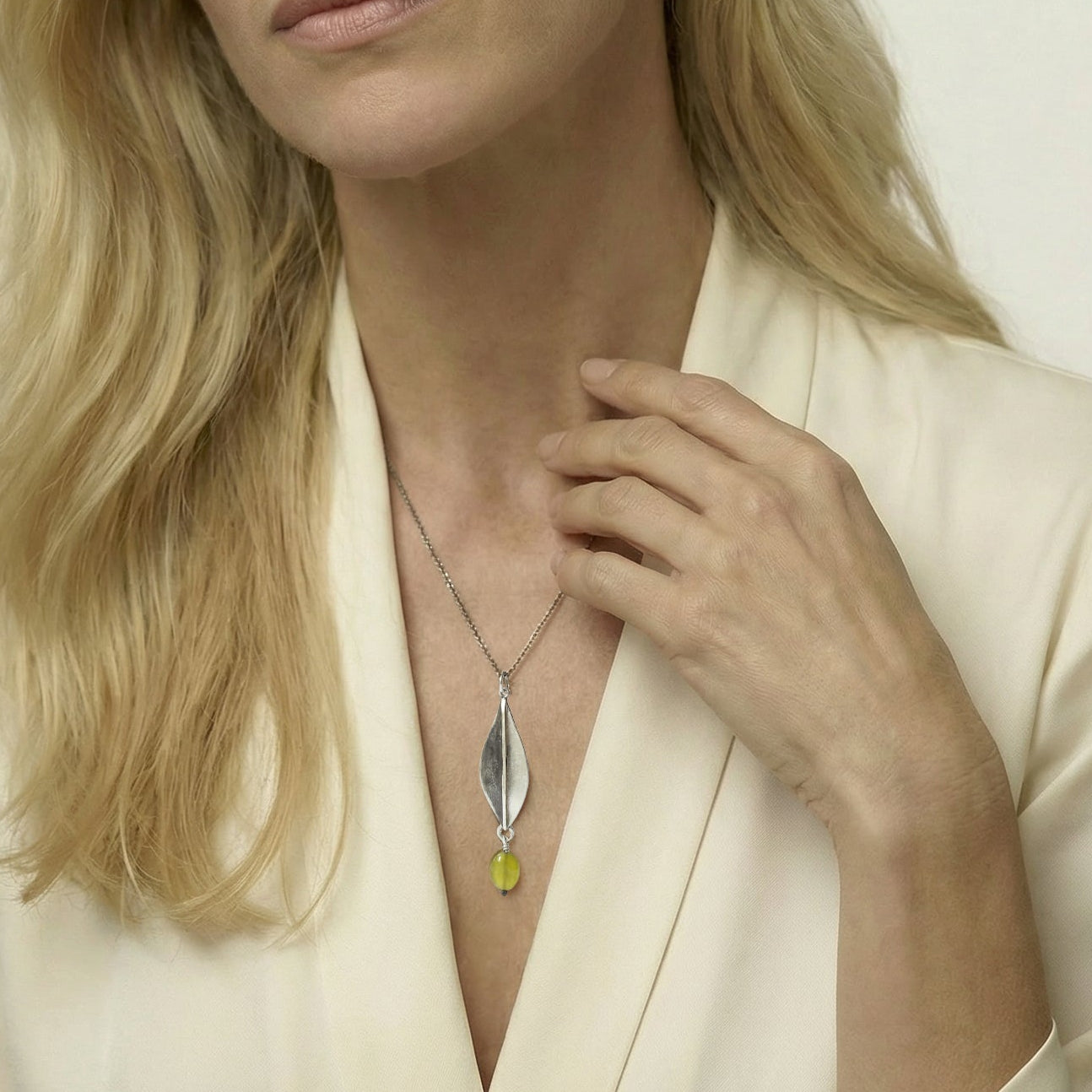 Silver necklace «Olive Leaves» with dangling green Jade