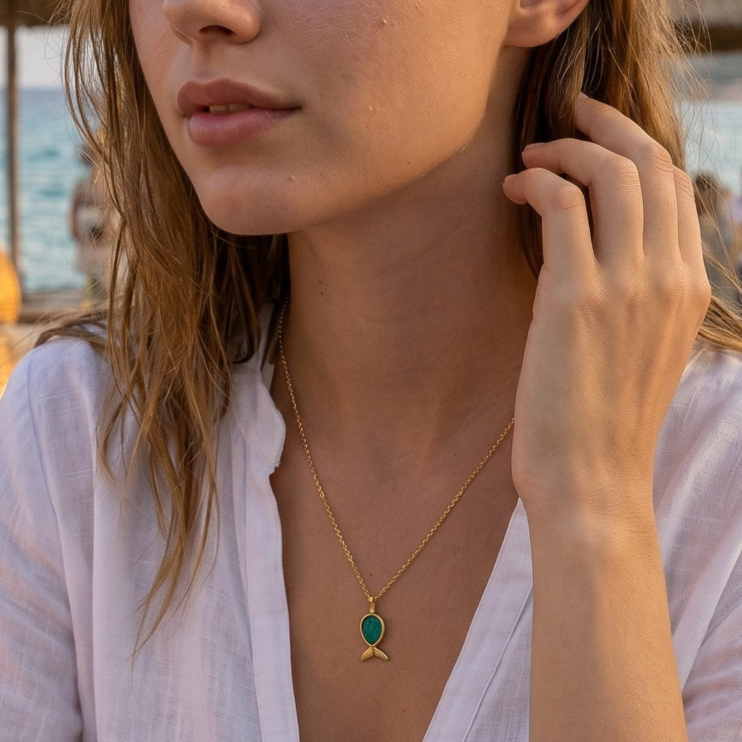 Gold Plated Fish Necklace with Enamel – Handmade Jewelry