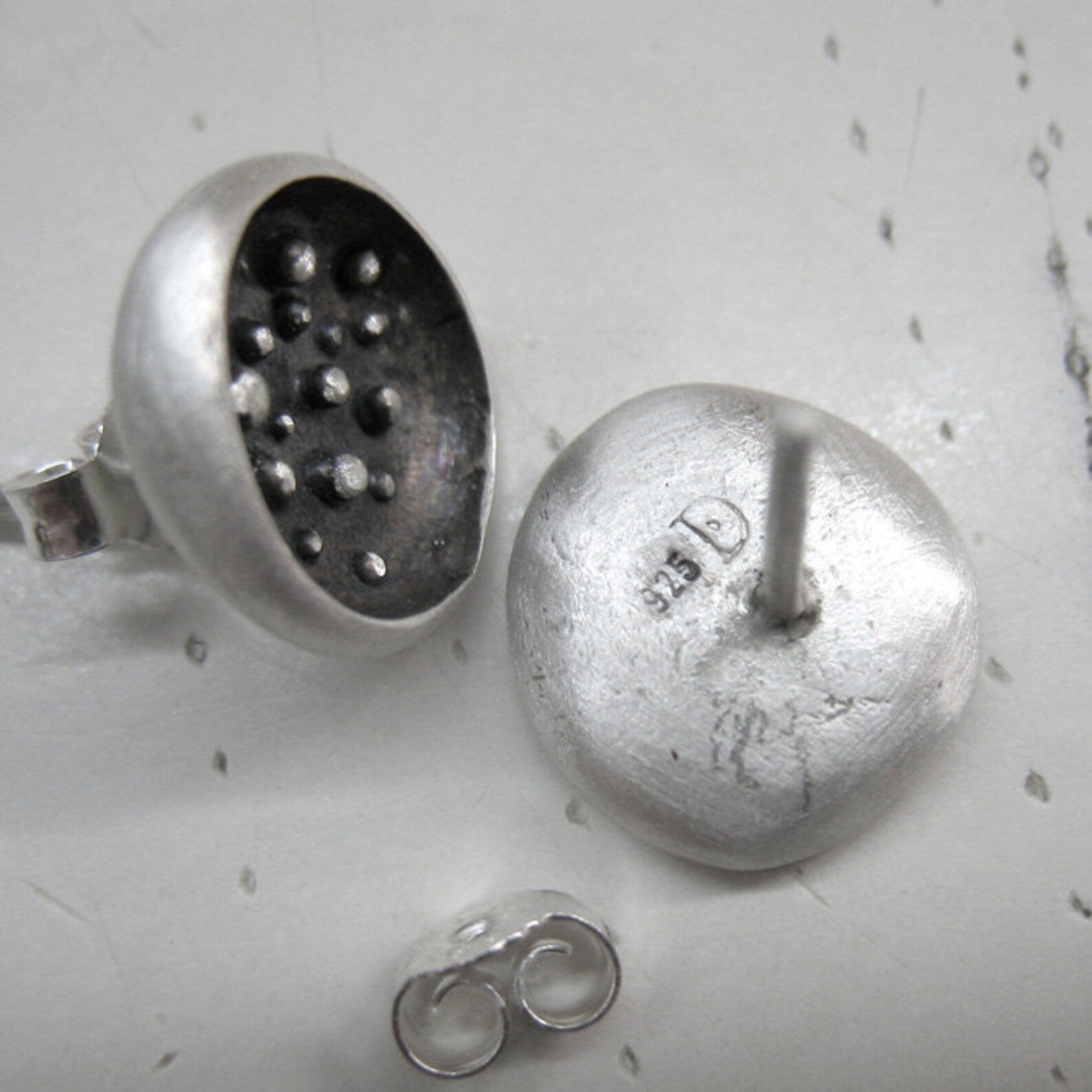 Full Moon silver stud earrings with matte finish, granulation and dark patina