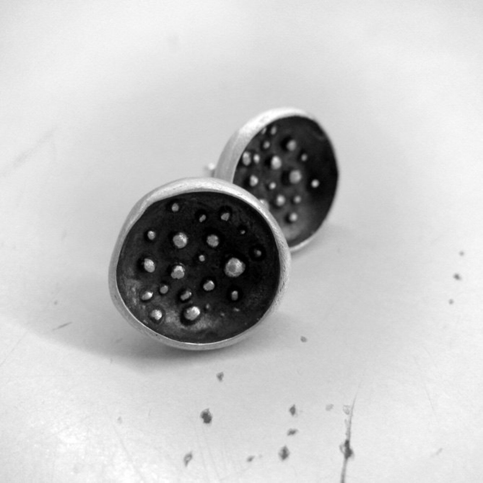 Full Moon silver stud earrings with matte finish, granulation and dark patina