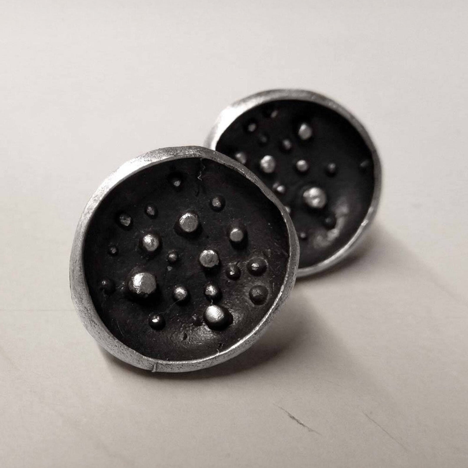 Full Moon silver stud earrings with matte finish, granulation and dark patina